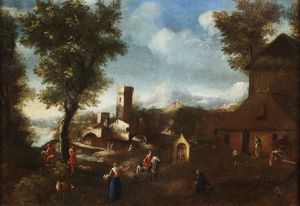 PORTA TOMASO (1686 - 1766) - Paesaggio con cavaliere e villani nei pressi di un borgo.
