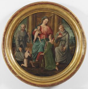 PITTORE DEL XV SECOLO - Madonna con bambino e santo.