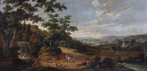 BOTH JAN (1615 - 1652) - Attribuito a. Paesaggio con fiume e cavalieri.
