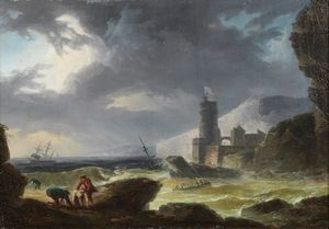 EDDROP THEODORE (XVIII secolo) - Marina in tempesta con scena di naufragio.