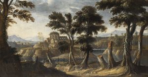 ARTISTA FRANCESE DEL XVIII SECOLO - Paesaggio con ruderi e figure presso un fiume.