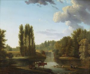 DUNOUY ALEXANDRE HYACINTHE (1757 - 1841) - Paesaggio con armenti e fiume.