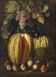 MONOGRAMMISTA GRU (attivo a Napoli nel XVII secolo) - Natura morta con melone, uva, pesche e pere.
