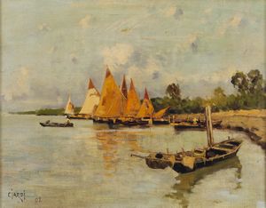 CIARDI GUGLIELMO (1842 - 1917) - Paesaggio con barche.
