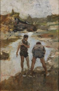 TOMMASI ANGIOLO (1858 - 1923) - Pescatori al torrente.
