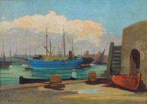 NATALI RENATO (1864 - 1947) - Paesaggio marino con barche e figura.