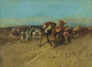 PELLICCIOTTI TITO (1871 - 1950) - Paesaggio con cammelli.
