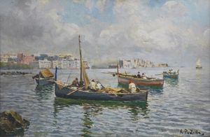 PRATELLA ATTILIO (1856 - 1949) - Paesaggio marino con barche.