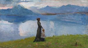 LANDI ANGELO (1879 - 1944) - Paesaggio montano con donna e bimbo.