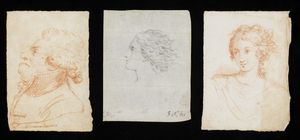 ARTISTA DEL XVIII SECOLO - Gruppo di tre disegni raffiguranti: coppia di ritratti di donna e ritratto d'uomo di profilo.
