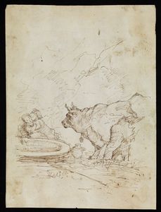 ARTISTA DEL XVIII SECOLO - Bambini sorpresi da un toro nei pressi di una fontana.