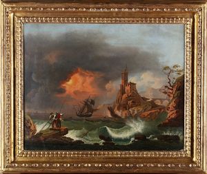 VERNET JOSEPH (1714 - 1789) - Seguace di. Coppia di marine con barche e personaggi.