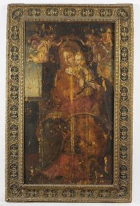 MANIFATTURA ITALIANA DEL XVI SECOLO - Imponente cornice intagliata e dorata. Dipinto raffigurante la Vergine con il Bambino e angeli.