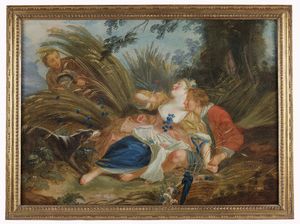 HUET JEAN BAPTISTE  (1745 - 1811) - Seguace di. Paesaggio con personaggi.