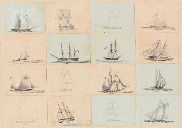 Composizione con 16 ritratti di navi, 1870 circa  - Asta Arte Marinara - Associazione Nazionale - Case d'Asta italiane
