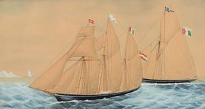 Proti Giuseppe : Yacht in navigazione (Allegoria di Amalia e Matteo Jerschau) 1898  - Asta Arte Marinara - Associazione Nazionale - Case d'Asta italiane