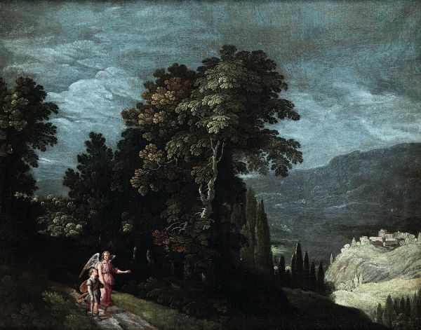 Brill Paul : Paesaggi notturni con monaco al lavoro Tobiolo e l'Angelo  - Asta Dipinti Antichi - Associazione Nazionale - Case d'Asta italiane