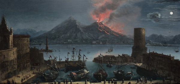 Ruiz Tommaso : Marina in tempesta Veduta di porto con vulcano in eruzione  - Asta Dipinti Antichi - Associazione Nazionale - Case d'Asta italiane