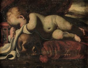 Miradori Luigi - Vanitas con Bambino dormiente, teschio e clessidra