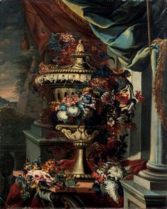 van Vogelaer Karel - Natura morta con vaso di fiori e drappi in tessuto