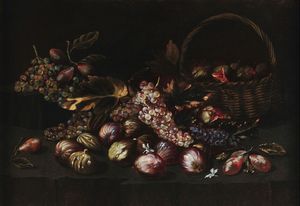 De Caro Baldassarre : Natura morta con fichi, uva e prugne  - Asta Dipinti Antichi - Associazione Nazionale - Case d'Asta italiane