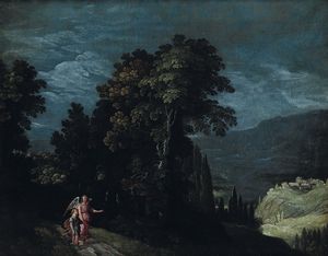 Brill Paul : Paesaggi notturni con monaco al lavoro Tobiolo e l'Angelo  - Asta Dipinti Antichi - Associazione Nazionale - Case d'Asta italiane