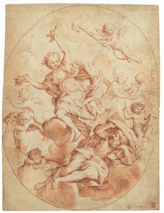 Romanelli Giovanni Francesco - Allegoria dell'Aurora che trionfa sull'ozio accompagnata dalla scienza (r) Studio di nudo maschile ed altre figure (v)
