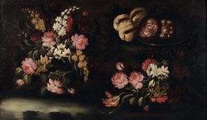 PESCI GIUSEPPE - Natura morta con vasi di fiori e tasso