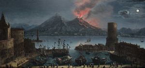 Ruiz Tommaso - Marina in tempesta Veduta di porto con vulcano in eruzione