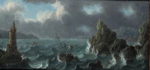 Ruiz Tommaso : Marina in tempesta Veduta di porto con vulcano in eruzione  - Asta Dipinti Antichi - Associazione Nazionale - Case d'Asta italiane