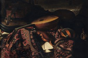 Bettera Bartolomeo : Natura morta con strumenti musicali e tappeto  - Asta Dipinti Antichi - Associazione Nazionale - Case d'Asta italiane