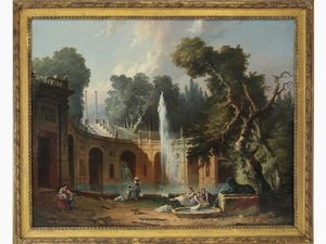 Robert Hubert attribuito (1733-1808) - Scorcio di giardino con fontane e lavandaie