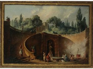 Robert Hubert attribuito (1733-1808) - Scorcio di giardino con fontane e lavandaie