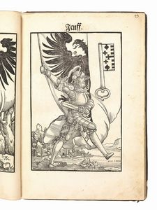 (Araldica - Illustrati 500 - Germania) KBEL, Jacob - KALLENBERG, Jacob. Wapen. Des heyligen Römischen Reichs Teutscher nation []. (Franckfurth am Main, Cyriacus Jacob, 1545). [RILEGATO CON:] FRONSBERGER, Leonhardt. Besatzung. Ein kurtzer Bericht, wie Stätt, Schlösser oder Flecken []. Franckfurt am Mayn, (Feyerabend und Hüter), 1564.  - Asta Arcade | Libri, Argenti, Porcellane e Maioliche, Numismatica - Associazione Nazionale - Case d'Asta italiane