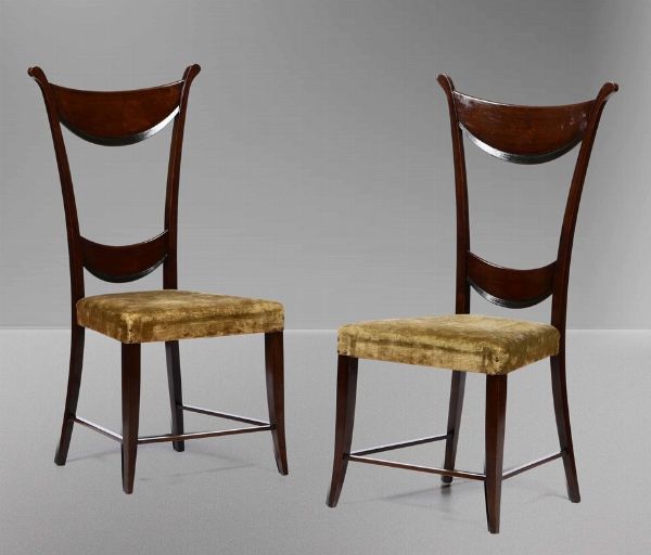 Due sedie con struttura in legno e seduta con rivestimento in tessuto.  - Asta Design Lab - Associazione Nazionale - Case d'Asta italiane
