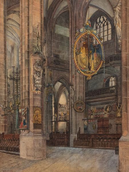 Scuola tedesca, secolo XIX : Interno di chiesa gotica, 1879  - Asta Incanti d'Arte - Associazione Nazionale - Case d'Asta italiane