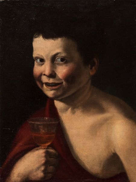 Pittore caravaggesco attivo nell'Italia meridionale, circa 1620 - 1630 : Bacco bambino con calice di vino  - Asta Incanti d'Arte - Associazione Nazionale - Case d'Asta italiane