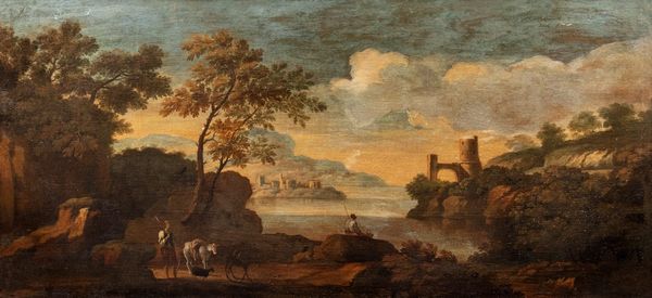 Scuola romana, secolo XVII : Paesaggio con viandanti  - Asta Incanti d'Arte - Associazione Nazionale - Case d'Asta italiane