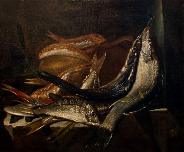 Scuola napoletana , secolo XVII : Trionfo di pescato  - Asta Incanti d'Arte - Associazione Nazionale - Case d'Asta italiane