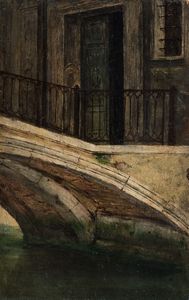 Scuola italiana, secoli XIX - XX - Lotto composto da tre piccoli dipinti a olio su tavola: Calle a Venezia; Notturno con casolare; Paesaggio montano