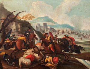 Scuola dell'Italia settentrionale, secolo XVIII : Due scene di battaglia  - Asta Incanti d'Arte - Associazione Nazionale - Case d'Asta italiane