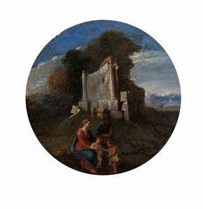 Scuola emiliana, secolo XVII - Sacra Famiglia con San Giovannino in un paesaggio con rovine classiche