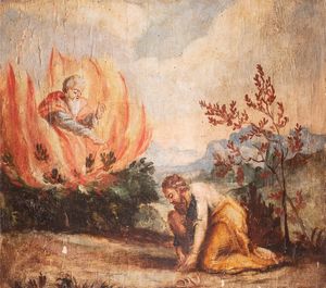 Pittore popolare, secolo XIX - Il roveto ardente; la distruzione degli idoli; e Giacobbe e Rachele al pozzo