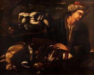 Scuola dell'Italia settentrionale, secolo XVII - Giovane cacciatore con selvaggina ed un cane
