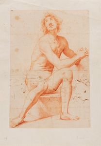 Disegno raffigurante Assunta con Angeli, e due studi di nudi virili a sanguigna  - Asta Incanti d'Arte - Associazione Nazionale - Case d'Asta italiane