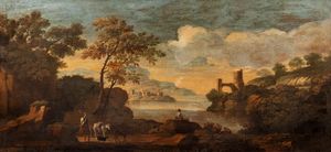 Scuola romana, secolo XVII - Paesaggio con viandanti