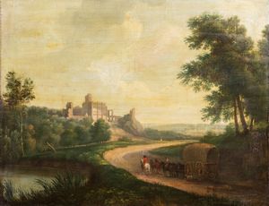 Scuola inglese, secolo XIX - Paesaggio collinare con castello diroccato e viaggiatori