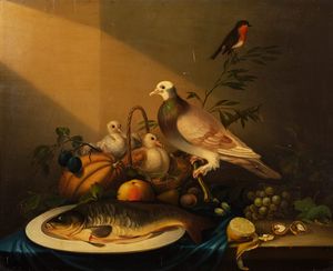 Scuola italiana, secolo XIX - Uccelli con frutta
