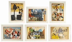 ROTELLA MIMMO (1918 - 2006) - Cartella composta da n.6 fogli. Dalla serie I Maestri del 900: Primo Futurismo, L'angelo cattivo, Mir in nero, Il giornale di Picasso, Morandiana, Modigliani.