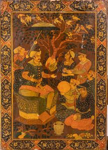 Arte Islamica - Copertura di specchio in papier mach con miniature  India, XVIII secolo